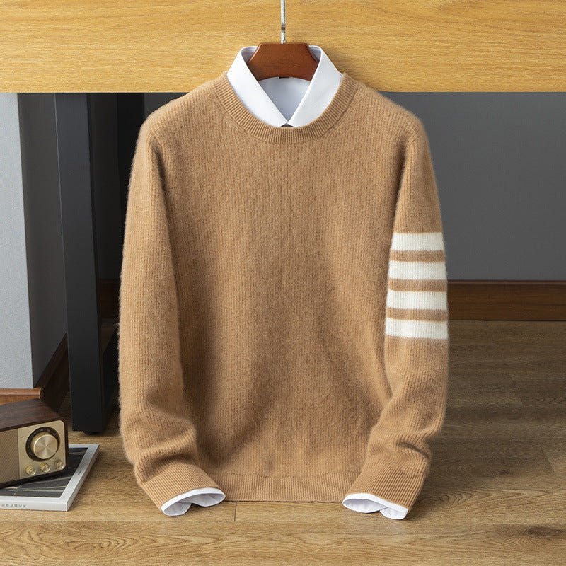 Mens Striped Sleeve Cashmere Sweater Crew Neck Ribbed Hem Pullover Camel XS