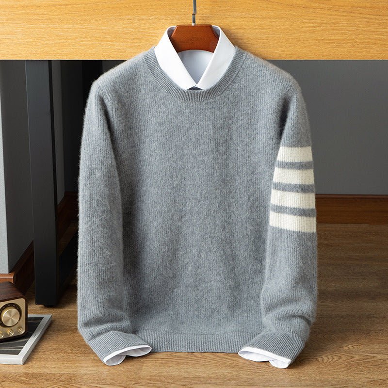 Mens Striped Sleeve Cashmere Sweater Crew Neck Ribbed Hem Pullover Gray XS