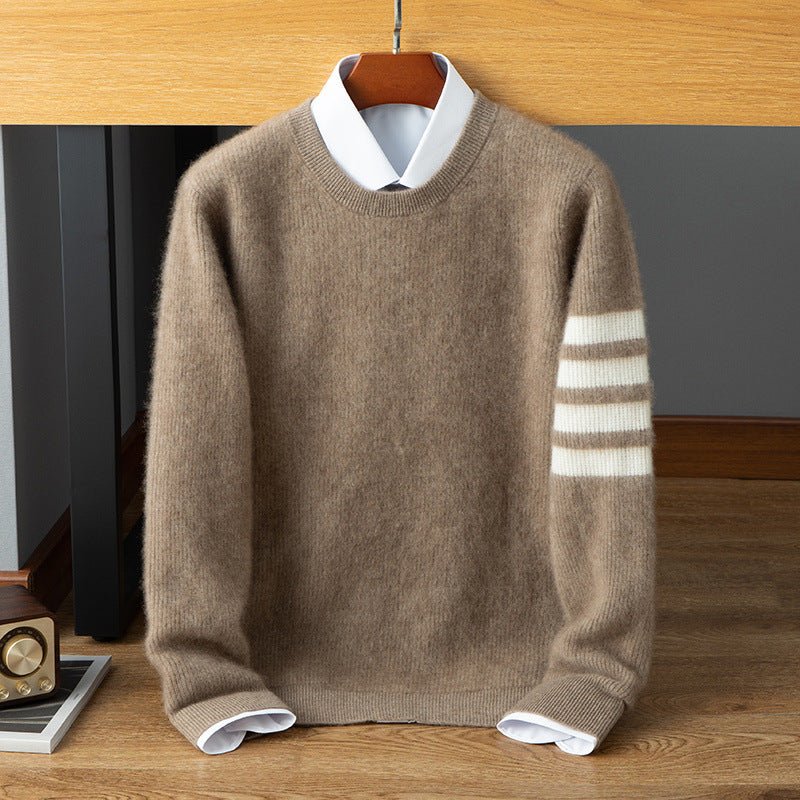 Mens Striped Sleeve Cashmere Sweater Crew Neck Ribbed Hem Pullover Taupe XS