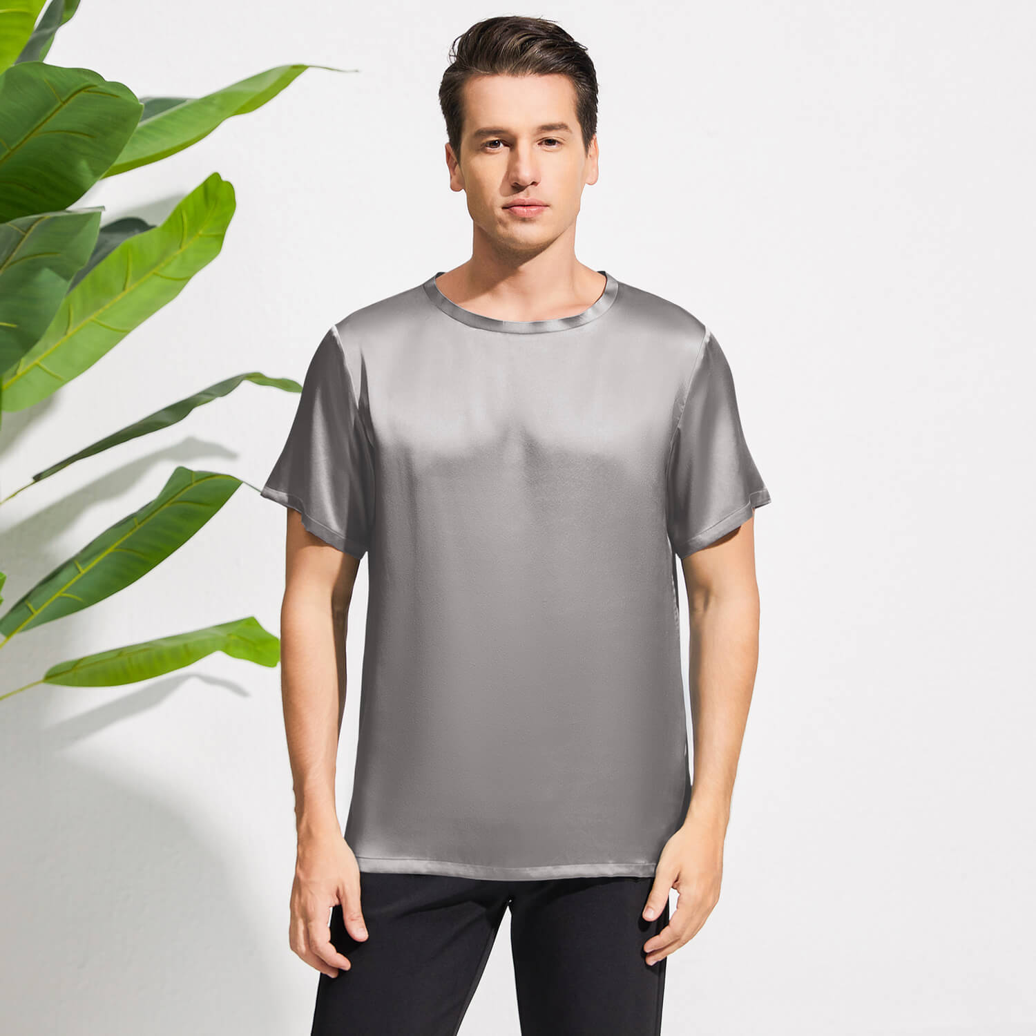 Mens Crew Neck Silk T Shirt Short Sleeve Silk Round Collar Tee