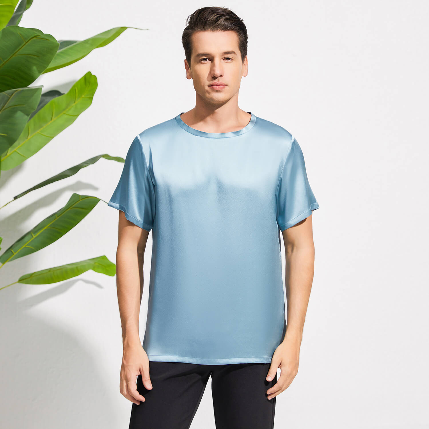 Mens Crew Neck Silk T Shirt Short Sleeve Silk Round Collar Tee