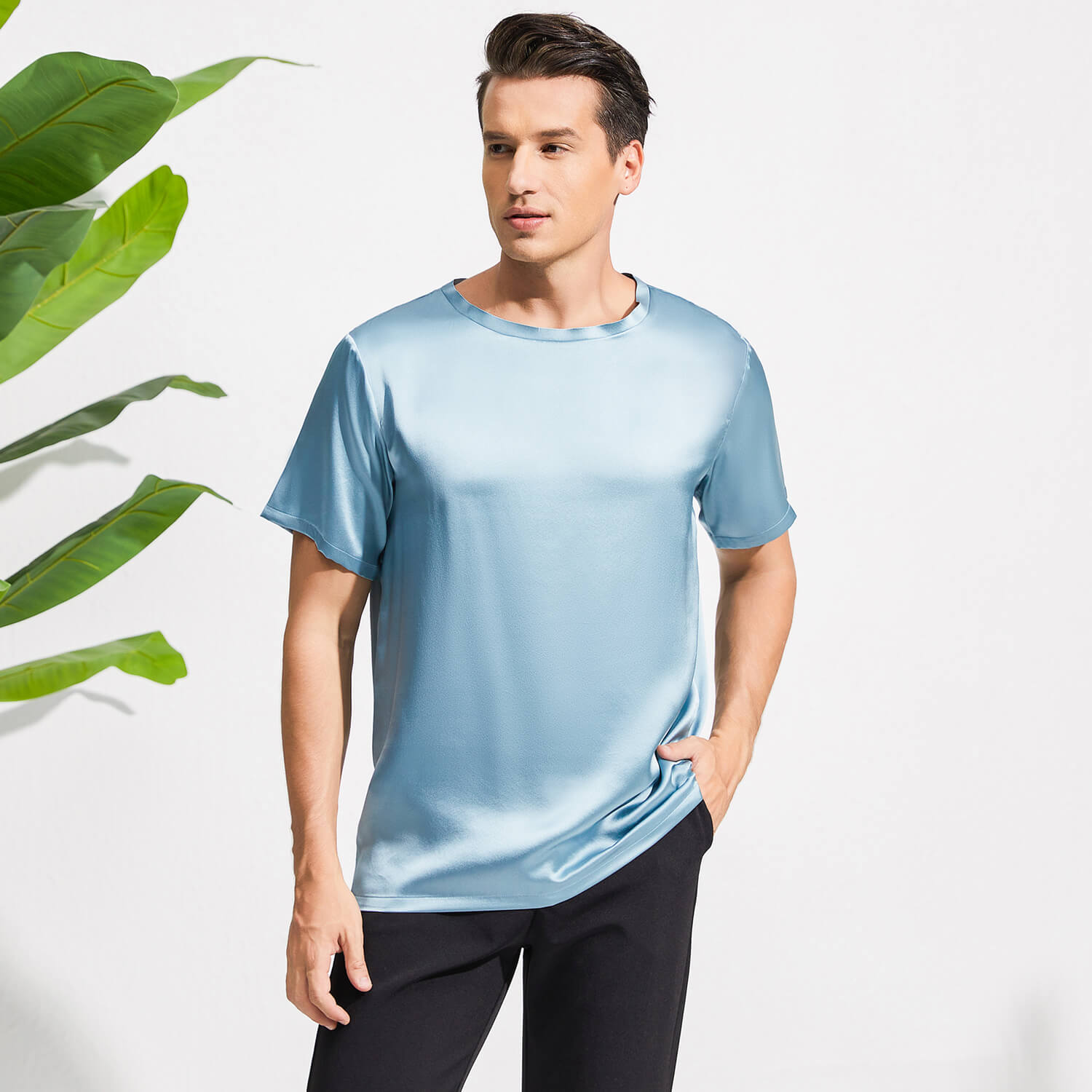 Mens Crew Neck Silk T Shirt Short Sleeve Silk Round Collar Tee