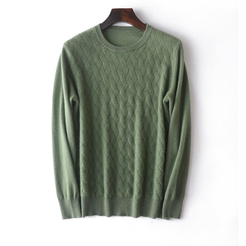 Mens Diamond Knit Cashmere Sweater Crew Neck Long Sleeve Cashmere Pullover Green XS