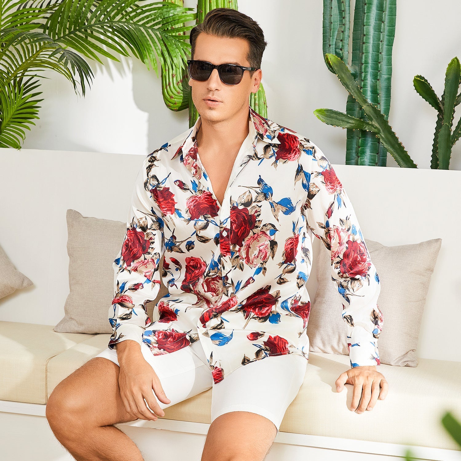 Men's Flower Printed Silk Shirts Button Down Silk Dress Shirt