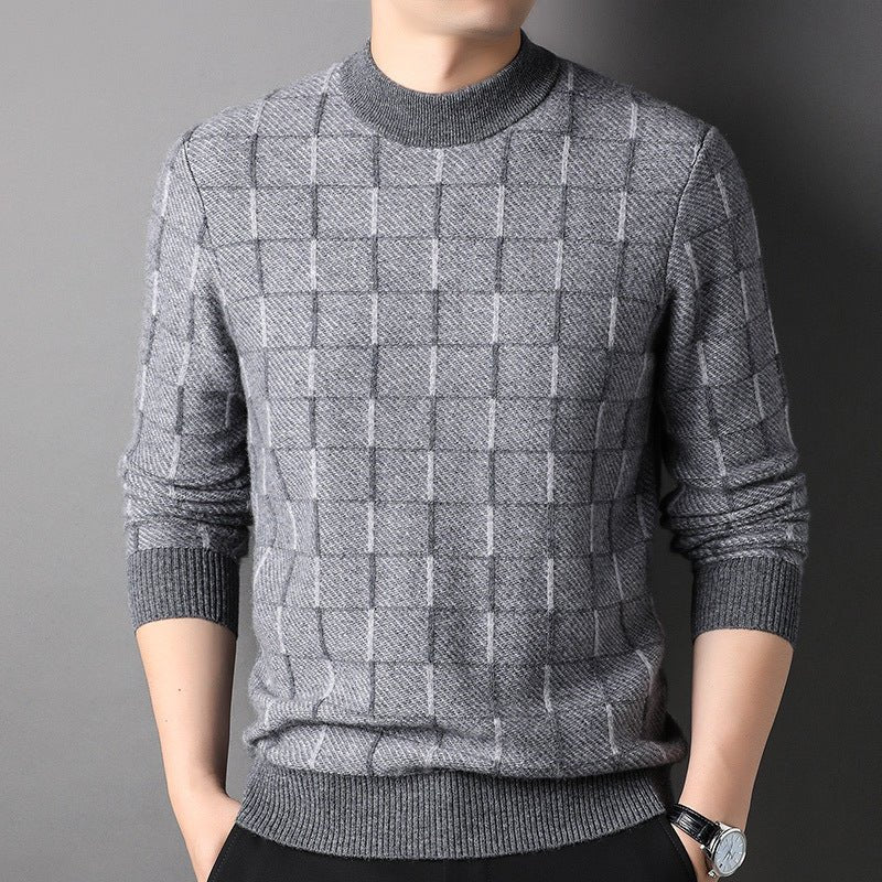 Mens Grid Pattern Pure Cashmere Sweater Mock Neck Cashmere Jumper Grey XS