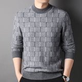 Mens Grid Pattern Pure Cashmere Sweater Mock Neck Cashmere Jumper Grey XS