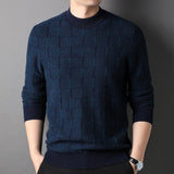 Mens Grid Pattern Pure Cashmere Sweater Mock Neck Cashmere Jumper Navy XS