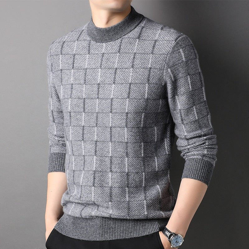 Mens Grid Pattern Pure Cashmere Sweater Mock Neck Cashmere Jumper Grey XS