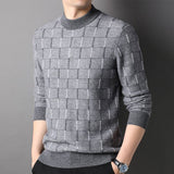 Mens Grid Pattern Pure Cashmere Sweater Mock Neck Cashmere Jumper Grey XS