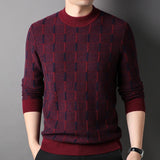 Mens Grid Pattern Pure Cashmere Sweater Mock Neck Cashmere Jumper Claret XS