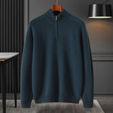 Mens Half - Zip Mock Neck Pure Cashmere Sweater Ribbed Collar Cashmere Pullover Dark Teal XS