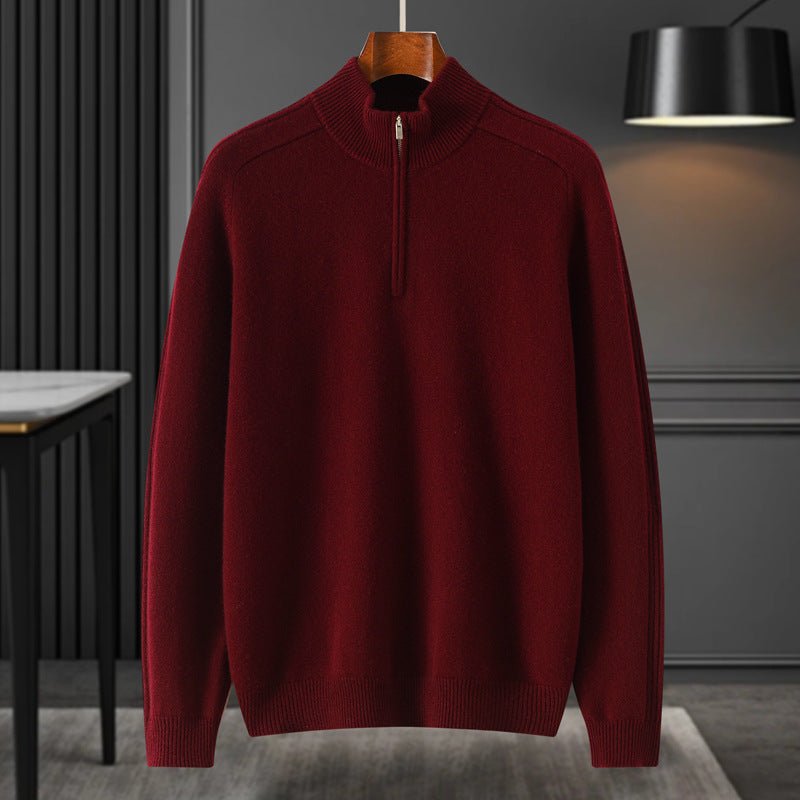 Mens Half - Zip Mock Neck Pure Cashmere Sweater Ribbed Collar Cashmere Pullover Claret XS