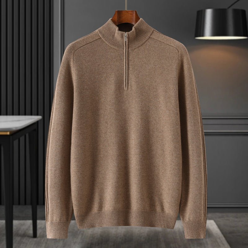 Mens Half - Zip Mock Neck Pure Cashmere Sweater Ribbed Collar Cashmere Pullover Taupe XS
