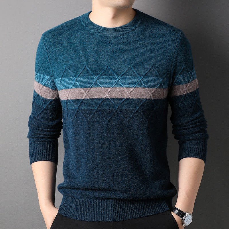 Mens Color Block Diamond Pattern Pure Cashmere Sweater Crew Neck Blue XS