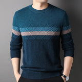 Mens Color Block Diamond Pattern Pure Cashmere Sweater Crew Neck Blue XS