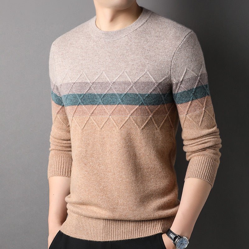 Mens Color Block Diamond Pattern Pure Cashmere Sweater Crew Neck Beige XS