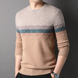 Mens Color Block Diamond Pattern Pure Cashmere Sweater Crew Neck Beige XS