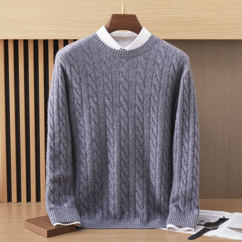 Mens Cable Knit Cashmere Sweater Crew Neck Long Sleeve Sweatshirts Gray XS