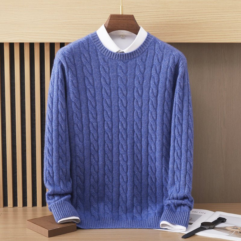 Mens Cable Knit Cashmere Sweater Crew Neck Long Sleeve Sweatshirts Blue XS