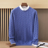 Mens Cable Knit Cashmere Sweater Crew Neck Long Sleeve Sweatshirts Blue XS