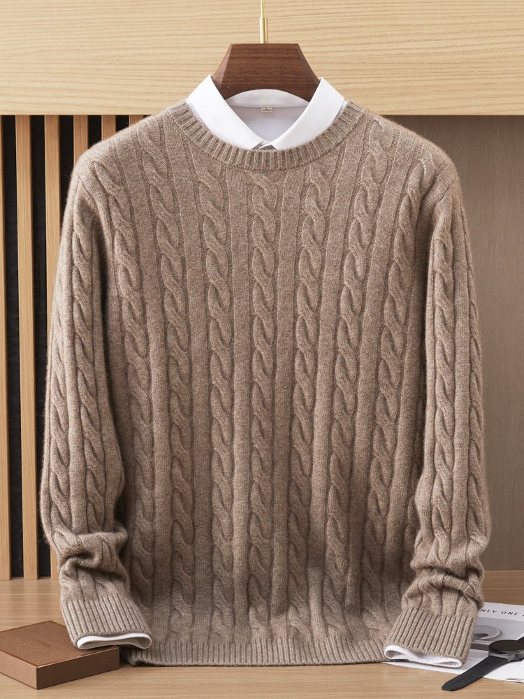 Mens Cable Knit Cashmere Sweater Crew Neck Long Sleeve Sweatshirts Taupe XS