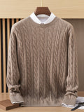 Mens Cable Knit Cashmere Sweater Crew Neck Long Sleeve Sweatshirts Taupe XS