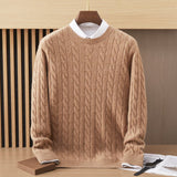 Mens Cable Knit Cashmere Sweater Crew Neck Long Sleeve Sweatshirts Camel XS