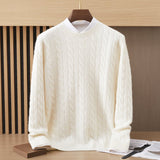 Mens Cable Knit Cashmere Sweater Crew Neck Long Sleeve Sweatshirts Ivory XS