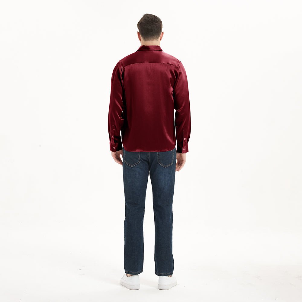 Mens Long Sleeves Silk Shirt Hidden Placket Silk Dress Shirts