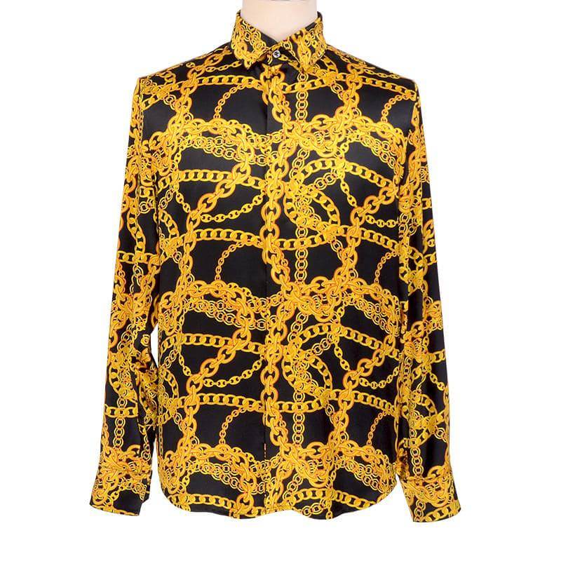 Men's Gold Chains Print Button Down Long Sleeve Silk Shirt Gold XS