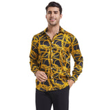 Men's Gold Chains Print Button Down Long Sleeve Silk Shirt Gold XS