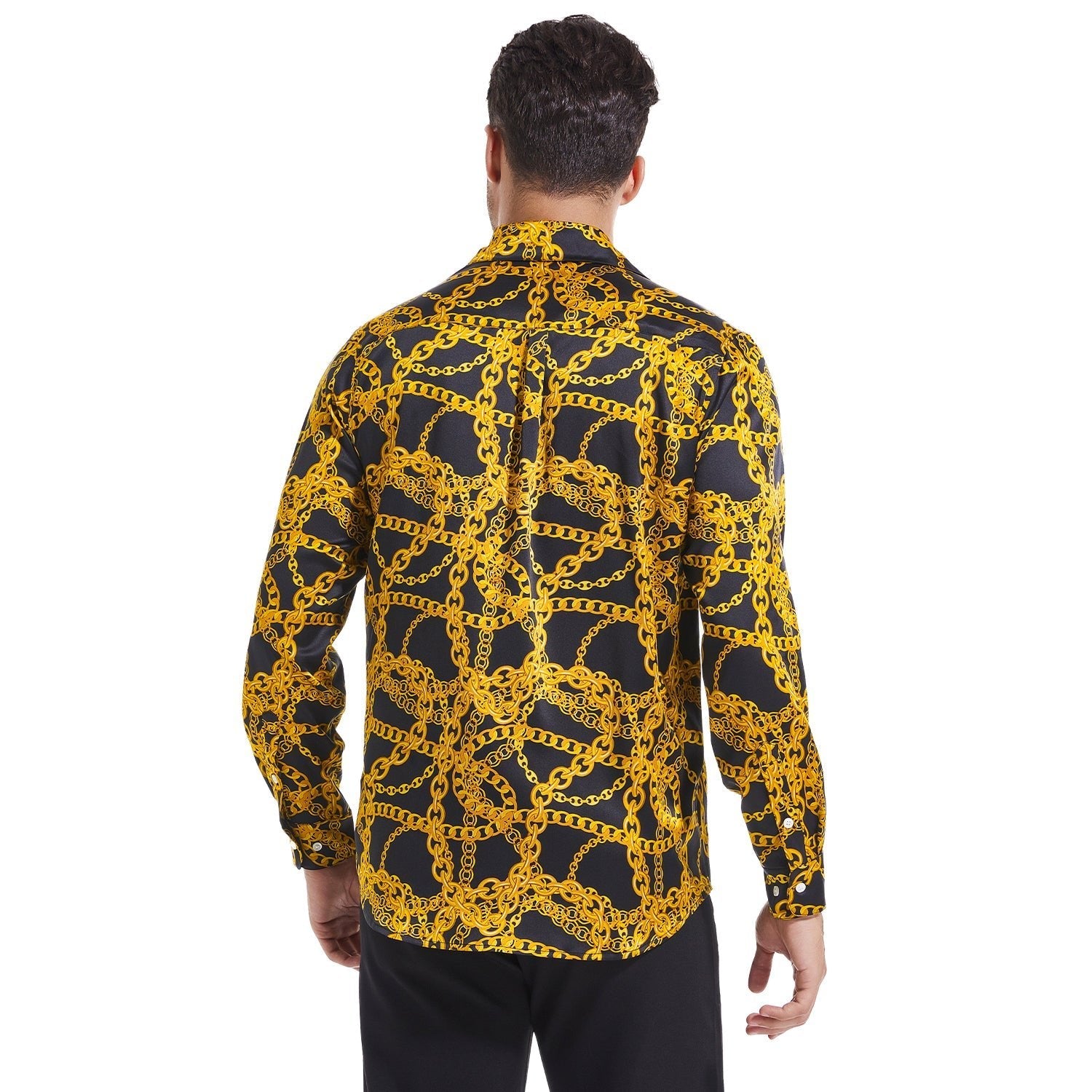 Men's Gold Chains Print Button Down Long Sleeve Silk Shirt Gold XS