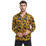 Men's Gold Chains Print Button Down Long Sleeve Silk Shirt Gold XS