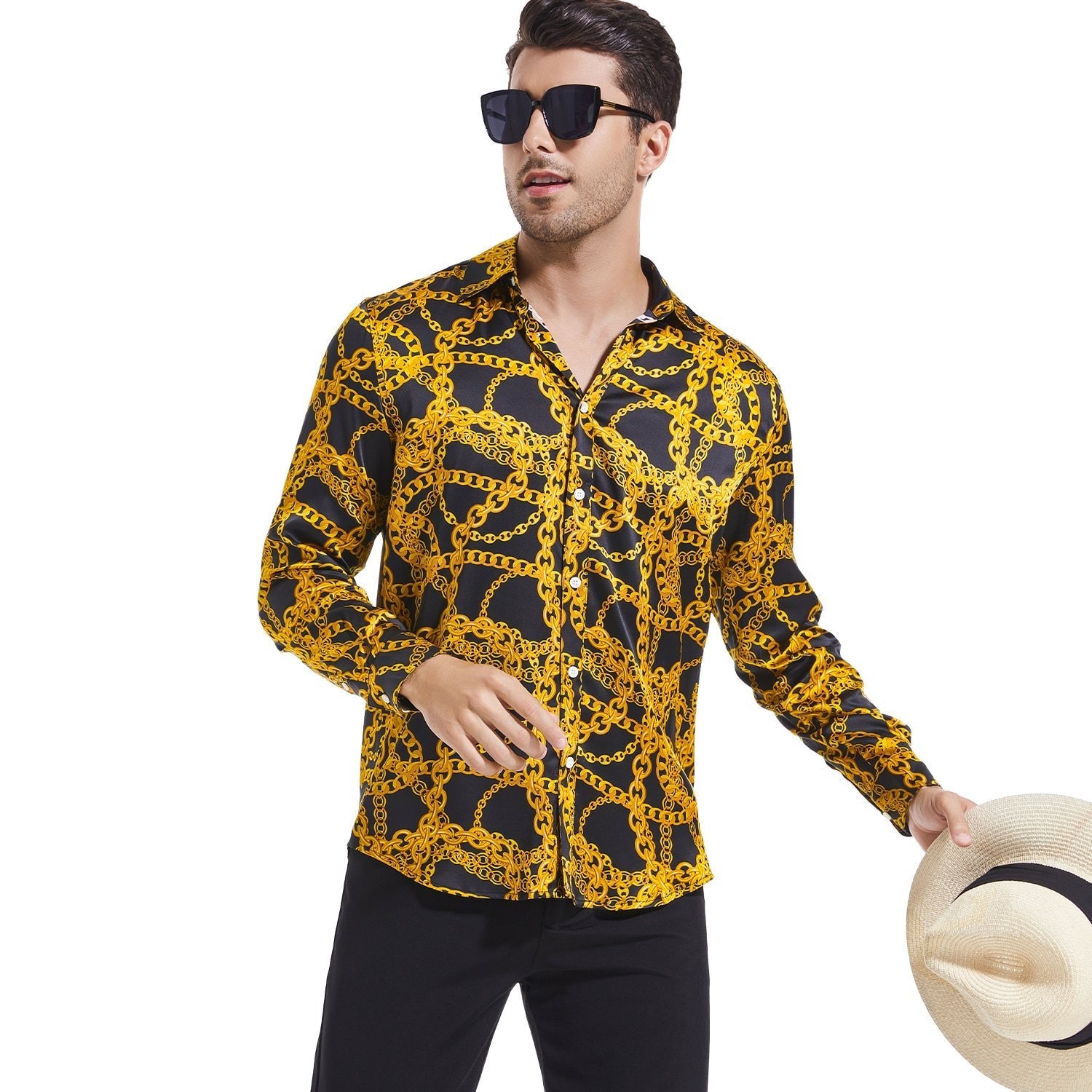Men's Gold Chains Print Button Down Long Sleeve Silk Shirt Gold XS