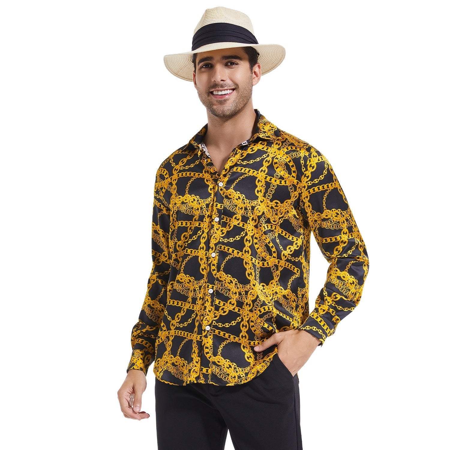 Men's Gold Chains Print Button Down Long Sleeve Silk Shirt Gold XS