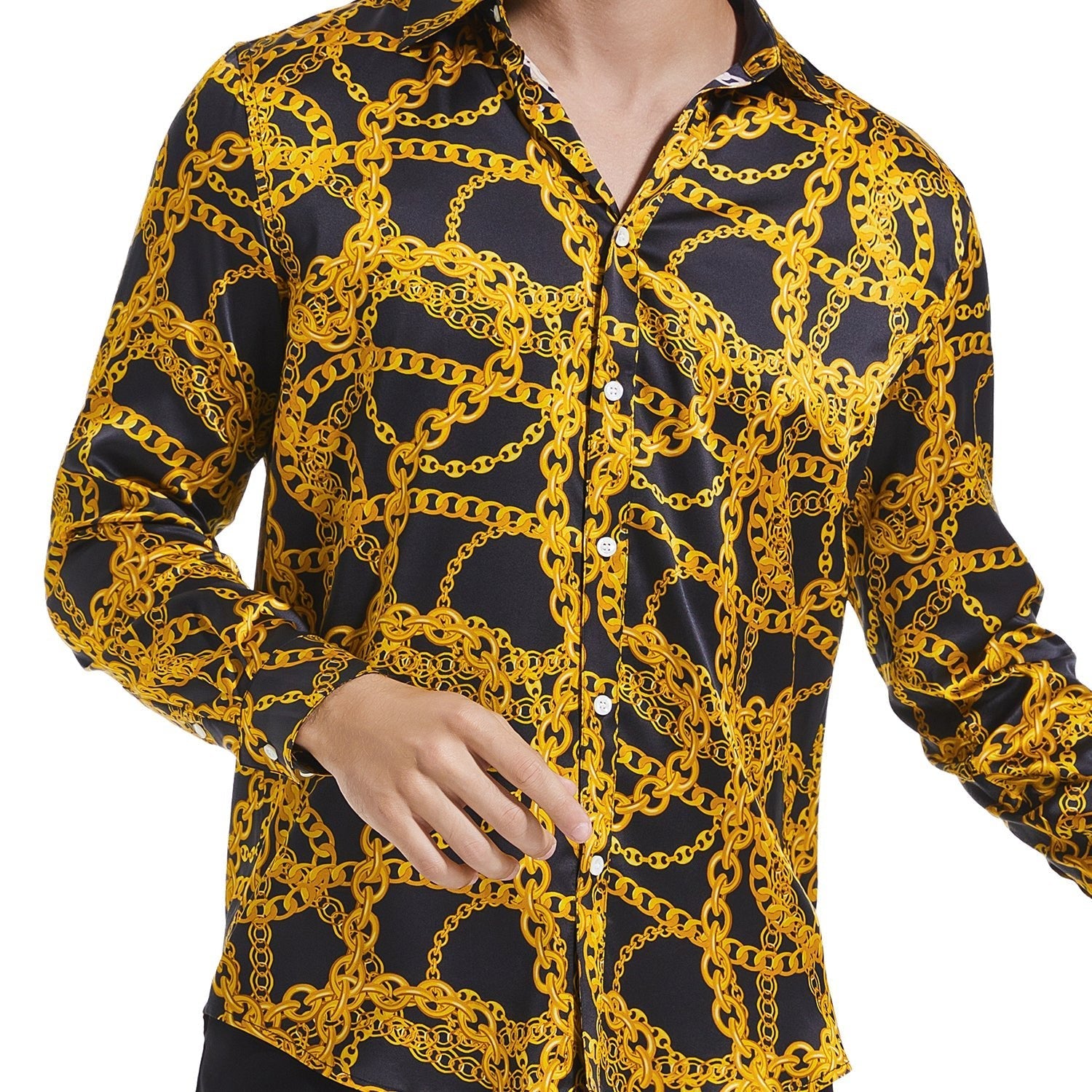 Men's Gold Chains Print Button Down Long Sleeve Silk Shirt Gold XS