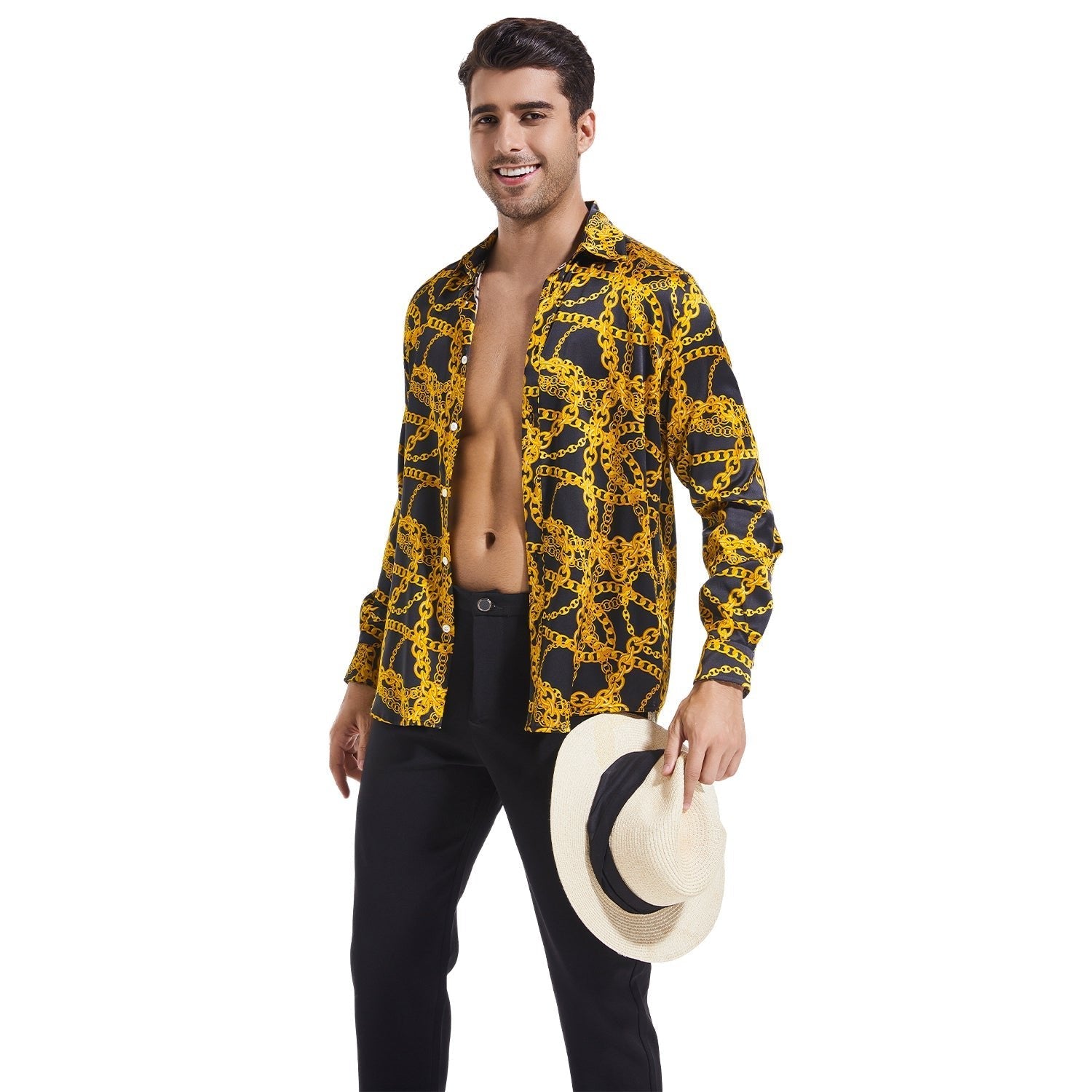 Men's Gold Chains Print Button Down Long Sleeve Silk Shirt Gold XS