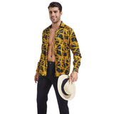 Men's Gold Chains Print Button Down Long Sleeve Silk Shirt Gold XS