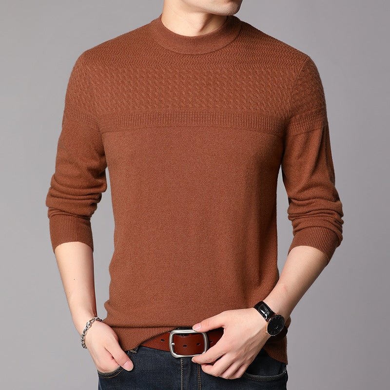 Mens Textured Pure Cashmere Sweater Mock Neck Long Sleeve Cashmere Top Brown XS