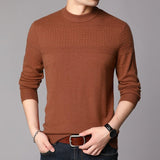 Mens Textured Pure Cashmere Sweater Mock Neck Long Sleeve Cashmere Top Brown XS