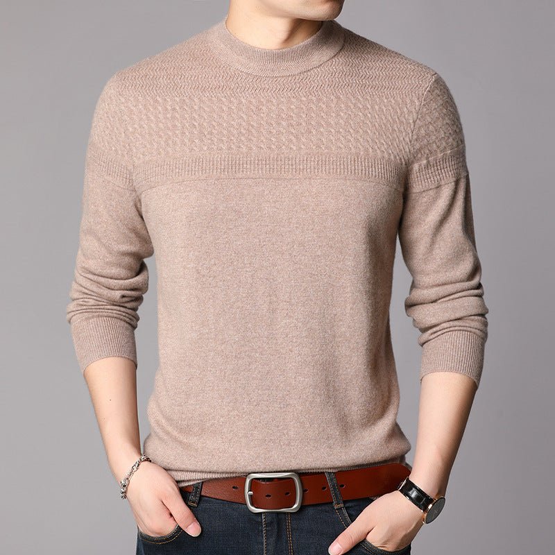 Mens Textured Pure Cashmere Sweater Mock Neck Long Sleeve Cashmere Top Camel XS