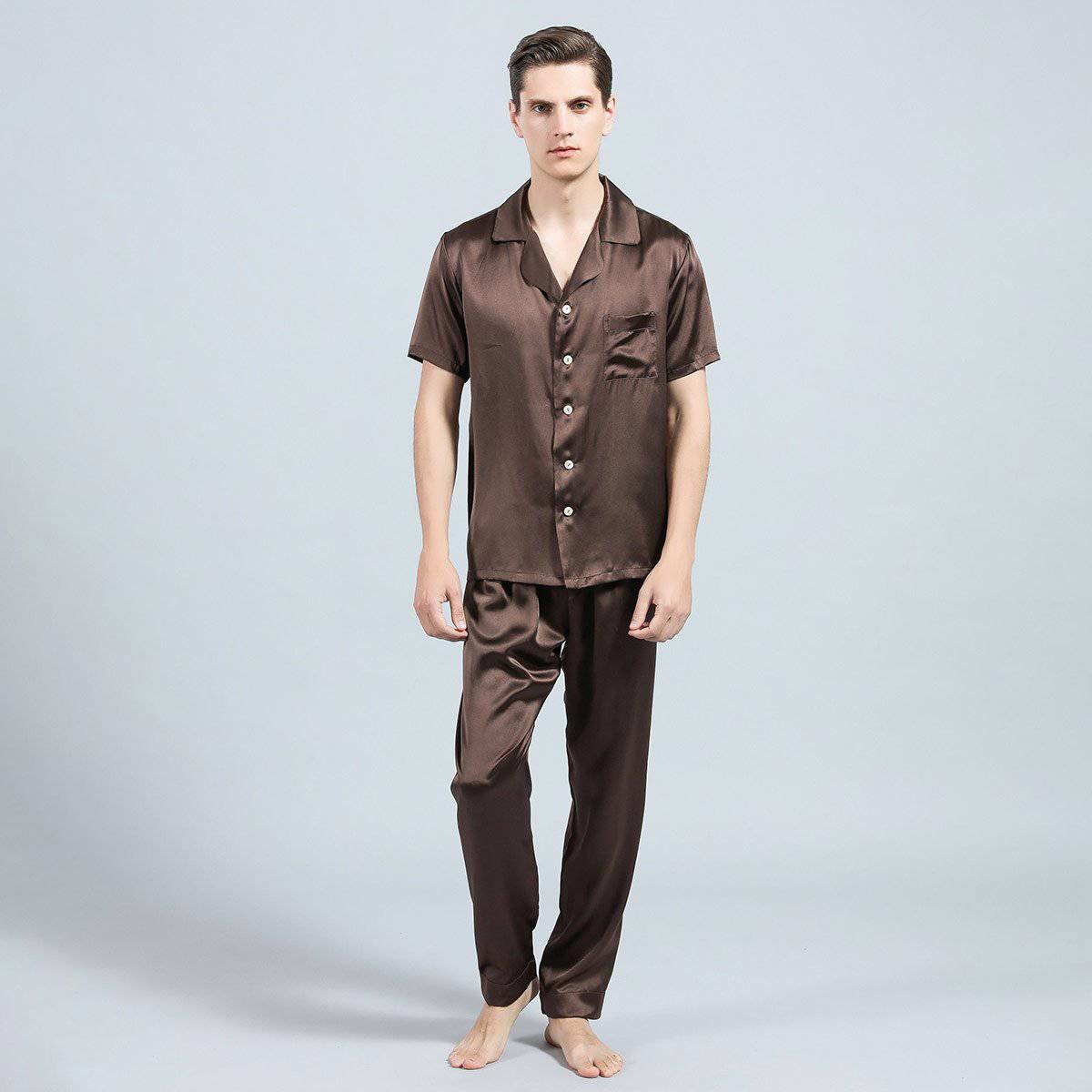 Mens Silk Pajama Set Short Sleeved Long Pants Silk Sleepwear