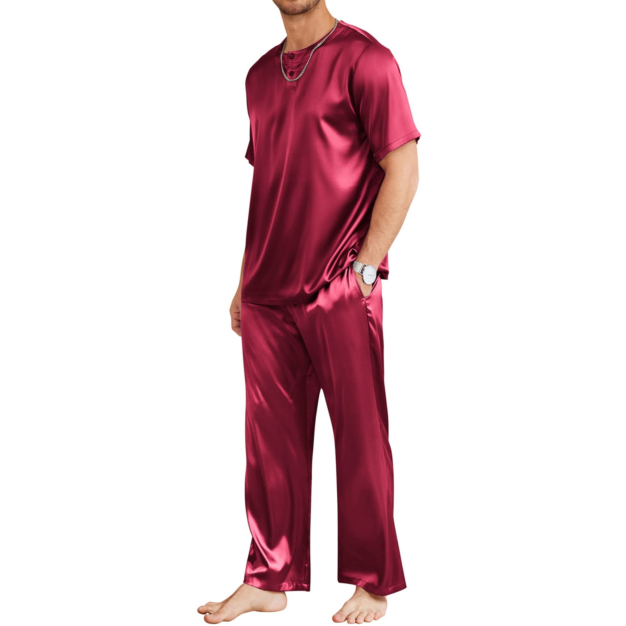 Men's Silk Pajamas Set Short Sleeve Henley Neck Silk Sleepwear