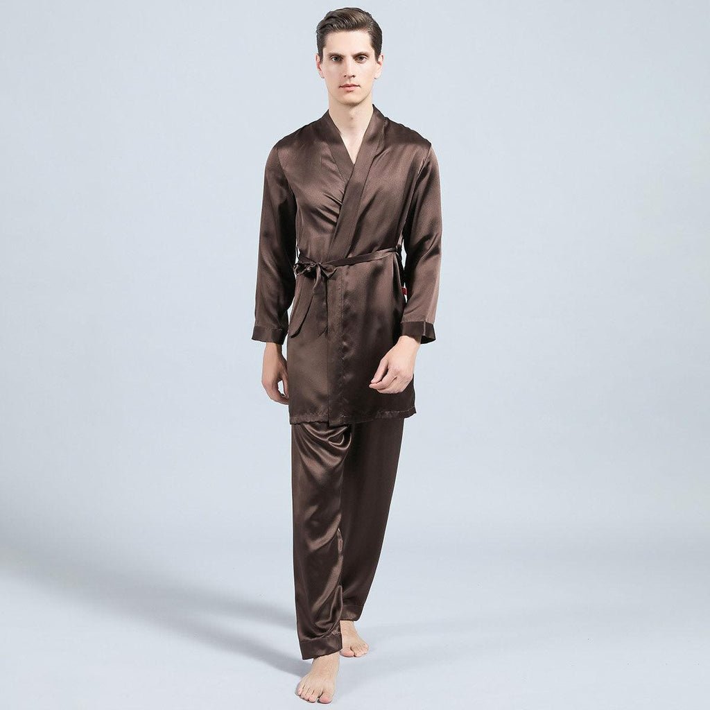 Mens Silk Kimono Robe Set Two Piece Silk Robe & Pant Sleepwear