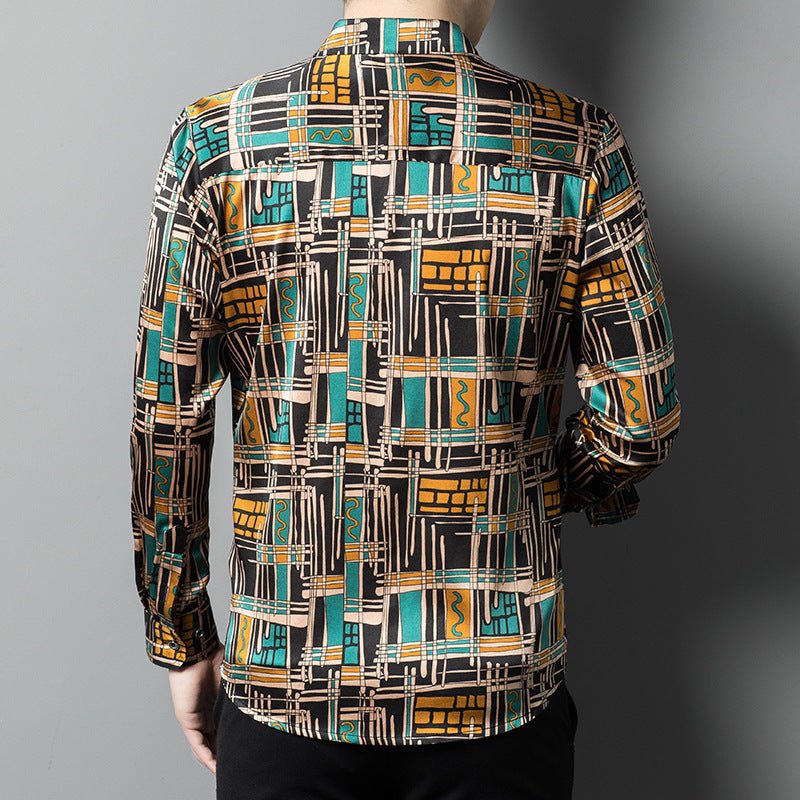Mens Silk Shirts Geometric Print Retro Art Silk Dress Shirts
