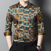Mens Silk Shirts Geometric Print Retro Art Silk Dress Shirts