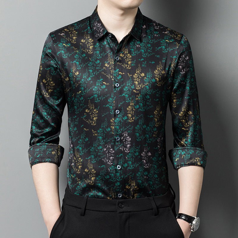 Mens Silk Shirts Long Sleeve Silk Botanical Print Dress Shirt