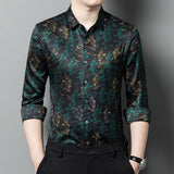 Mens Silk Shirts Long Sleeve Silk Botanical Print Dress Shirt