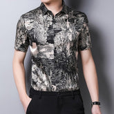 Mens Silk Shirts Short Sleeve Abstract Print Button Up Front Silk Dress Shirt