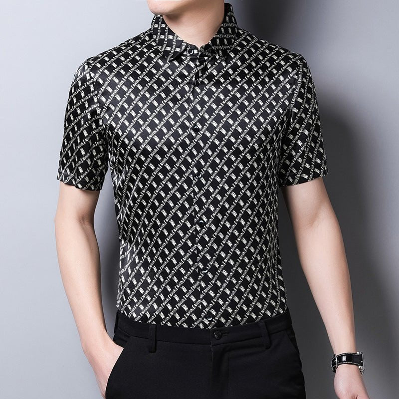 Mens Silk Shirts Short Sleeve Geometric Grid Print Silk Dress Shirt